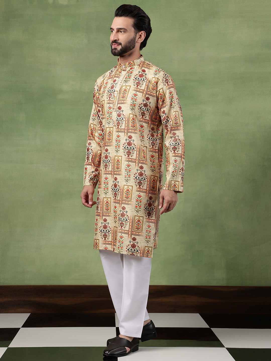 Men's Cotton Printed Floral Frame Motifs Green Long Kurta
