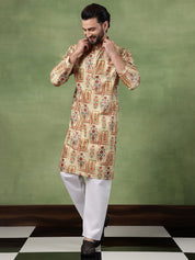 Mens Cotton Printed Floral Frame Motifs Green Kurta With Pyjama