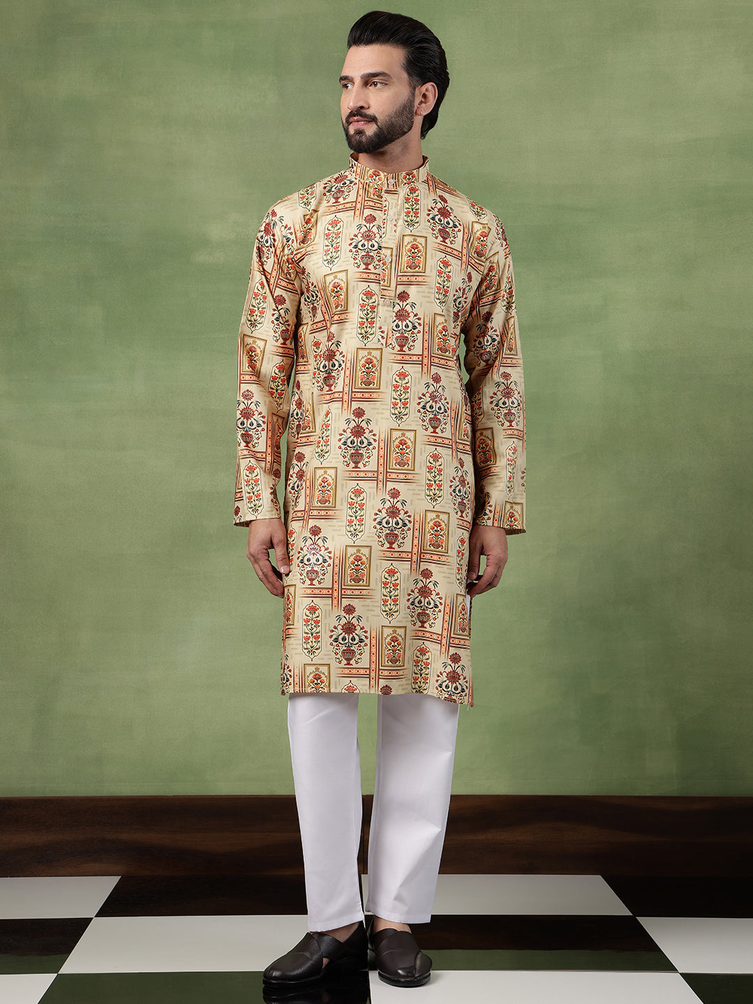 Mens Cotton Printed Floral Frame Motifs Green Kurta With Pyjama