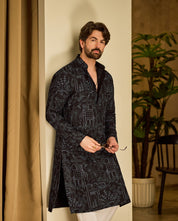 Men's Cotton Silk Kantha Thread Embroidered Black Long Kurta