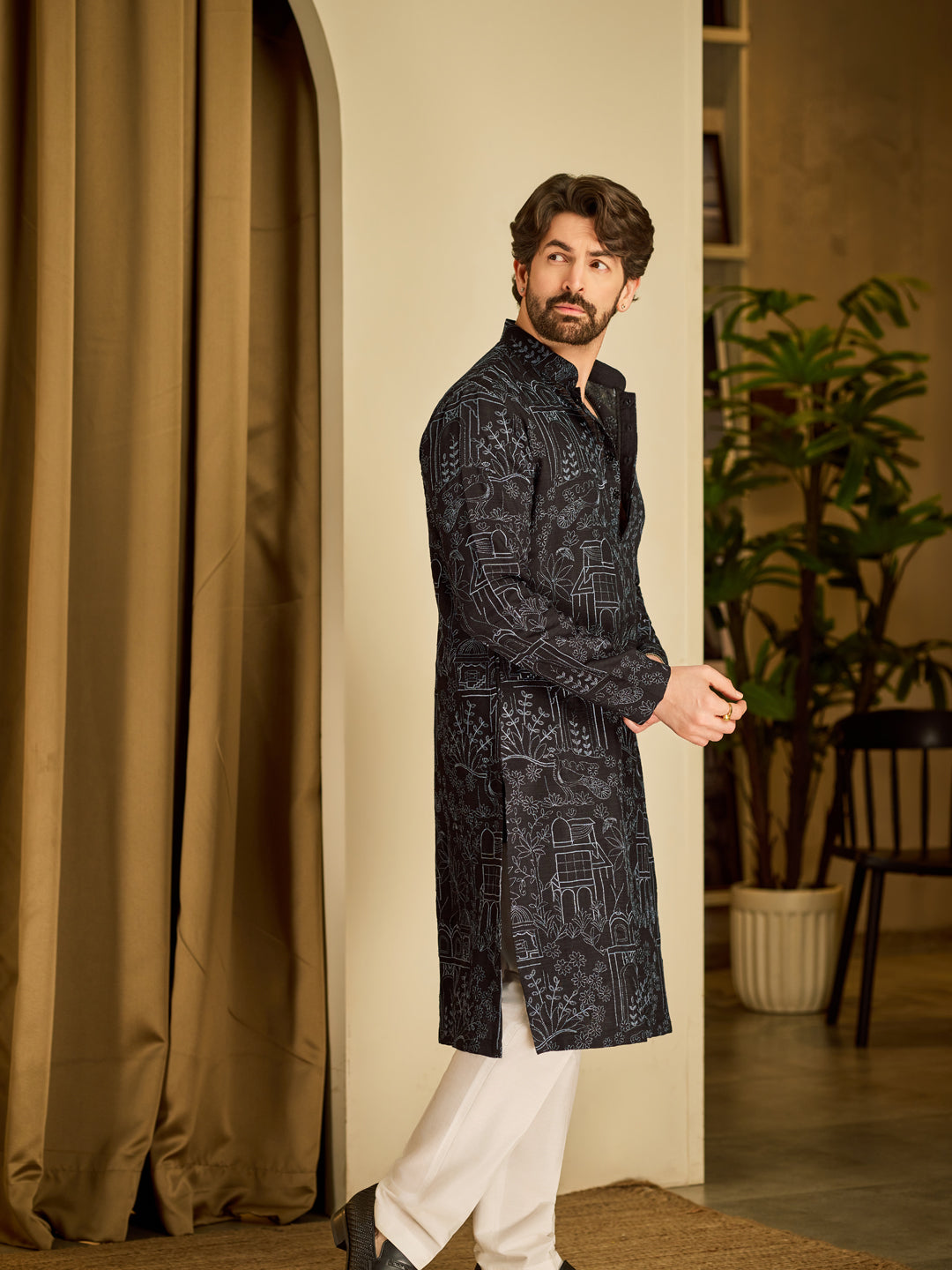 Men's Cotton Silk Kantha Thread Embroidered Black Long Kurta