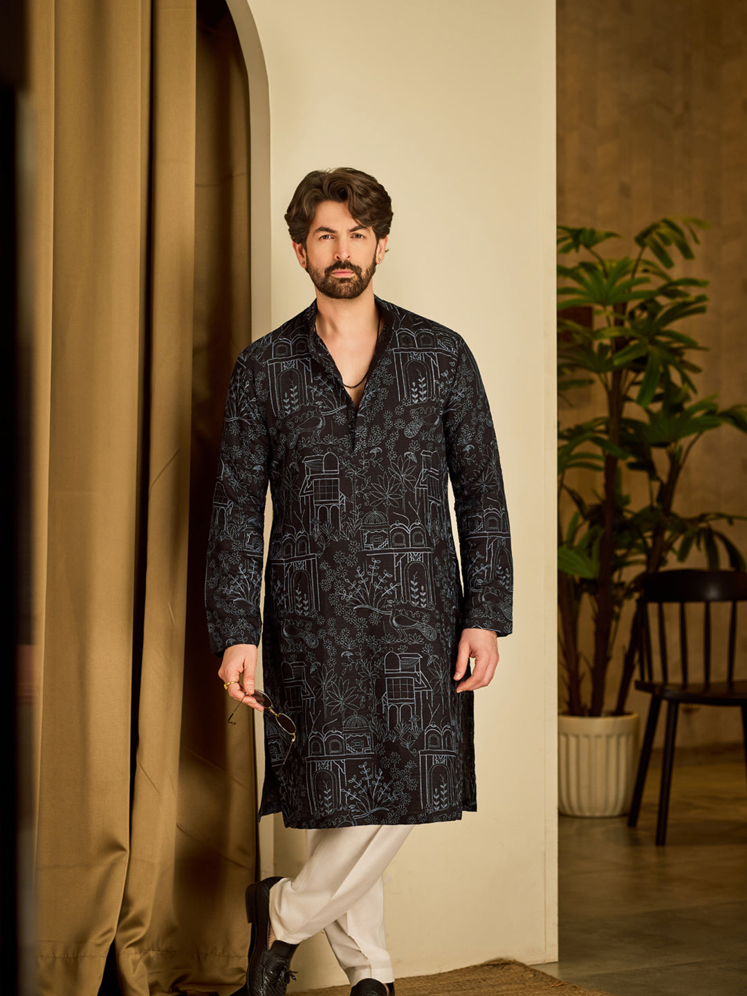 Men's Cotton Silk Kantha Thread Embroidered Black Long Kurta