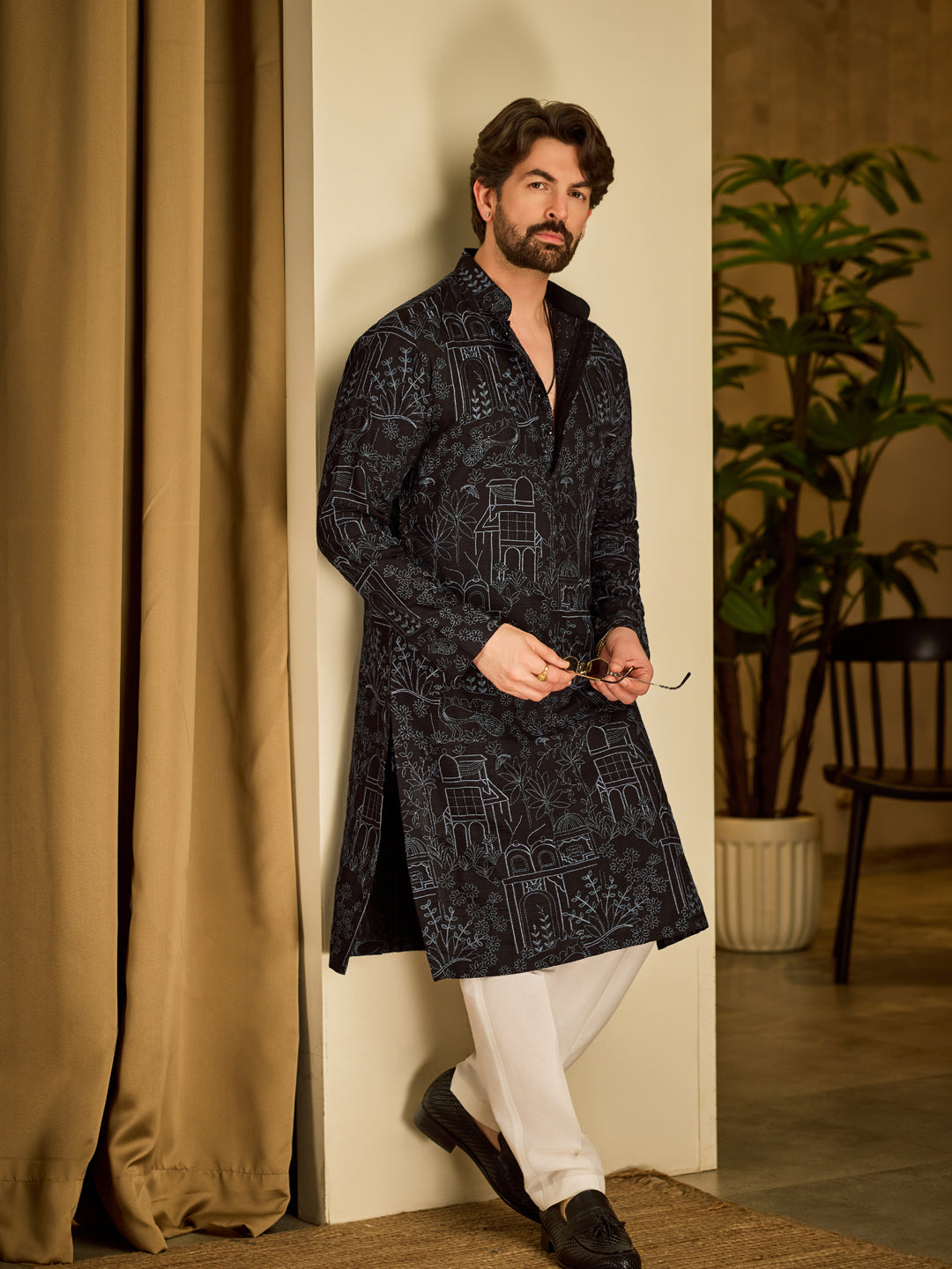 Men's Cotton Silk Kantha Thread Embroidered Black Kurta with White Pyjama