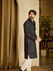 Men's Cotton Silk Kantha Thread Embroidered Black Kurta with White Pyjama