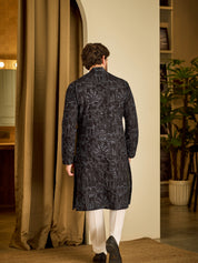 Men's Cotton Silk Kantha Thread Embroidered Black Kurta with White Pyjama