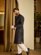 Men's Cotton Silk Kantha Thread Embroidered Black Kurta with White Pyjama