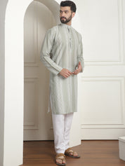 MEN'S COTTON SILK PRINTED PISTA GREEN KURTA WITH CHURIDAAR PYJAMA