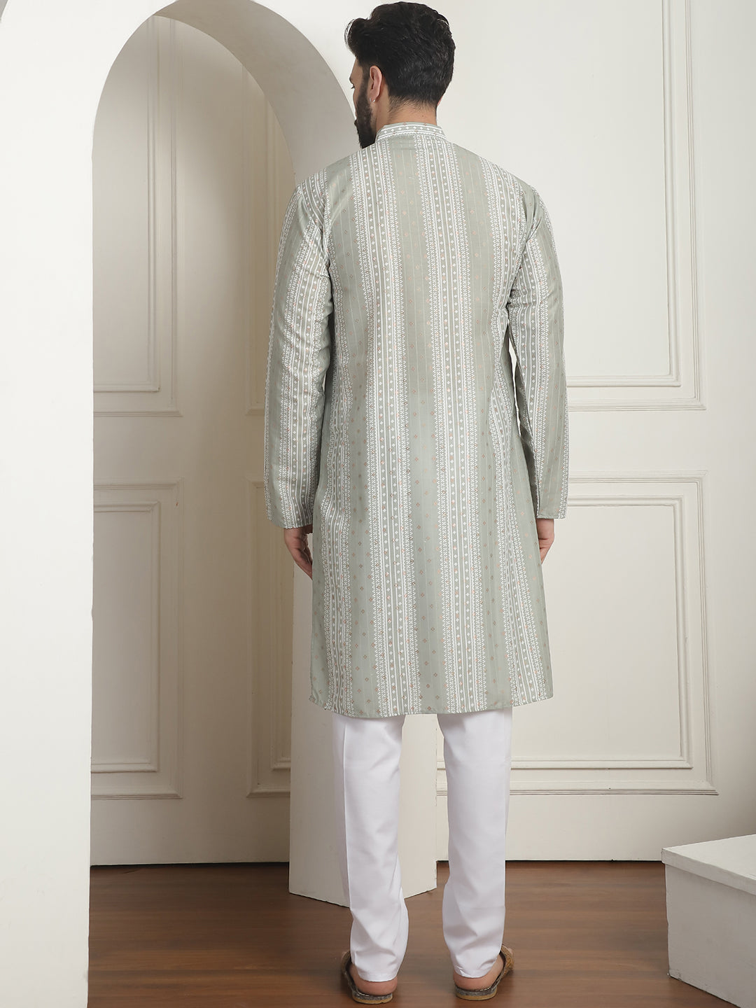 MEN'S COTTON SILK PRINTED PISTA GREEN KURTA WITH CHURIDAAR PYJAMA