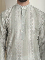 MEN'S COTTON SILK PRINTED PISTA GREEN KURTA WITH CHURIDAAR PYJAMA