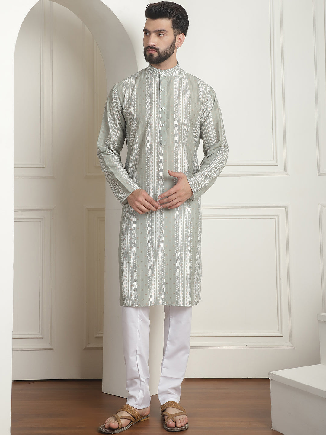 MEN'S COTTON SILK PRINTED PISTA GREEN KURTA WITH CHURIDAAR PYJAMA