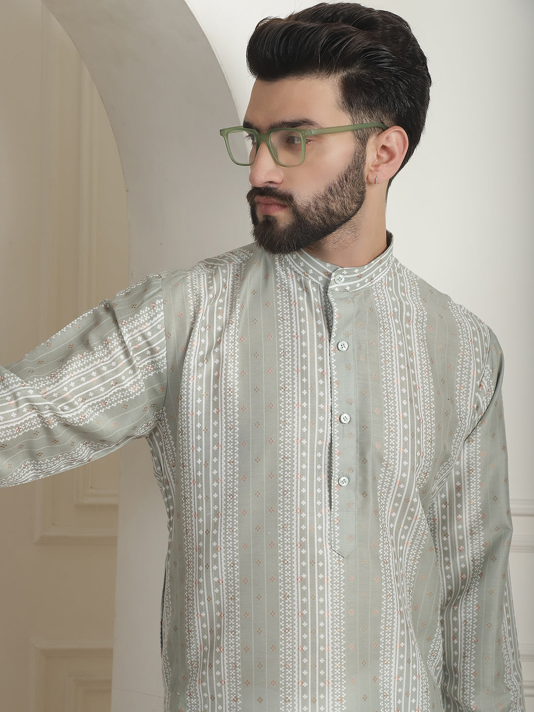 MEN'S COTTON SILK PRINTED PISTA GREEN KURTA WITH CHURIDAAR PYJAMA