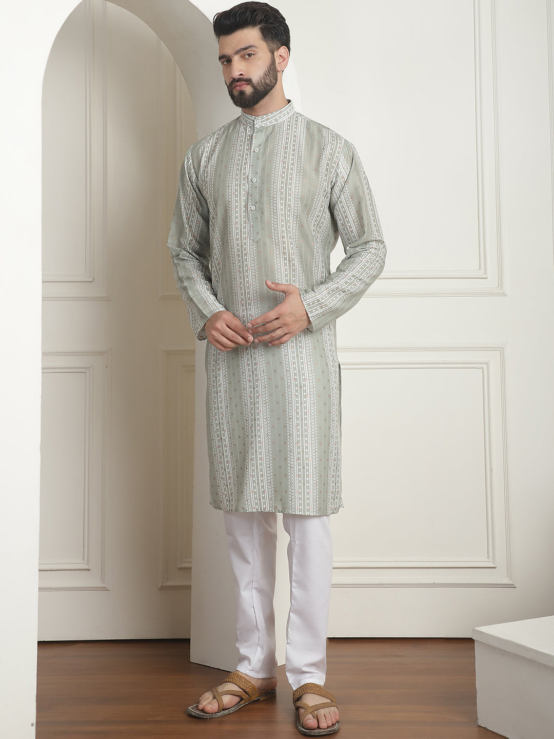 MEN'S COTTON SILK PRINTED PISTA GREEN KURTA WITH CHURIDAAR PYJAMA