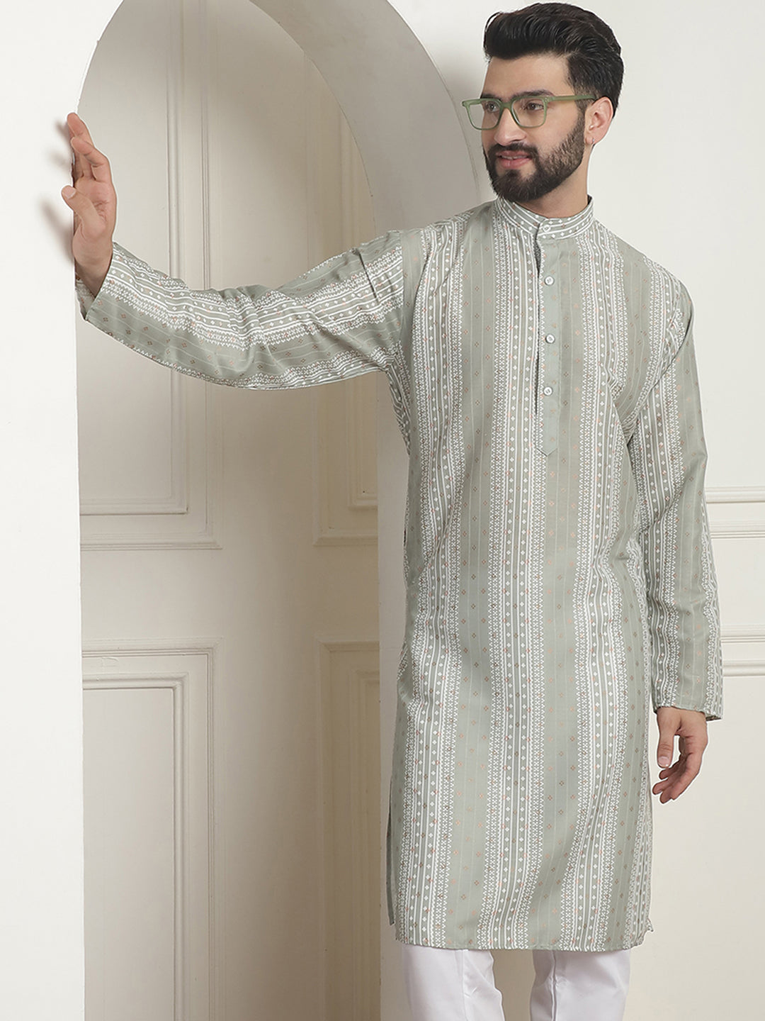 MEN'S COTTON SILK PRINTED PISTA GREEN LONG KURTA