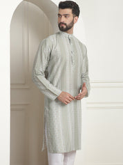 MEN'S COTTON SILK PRINTED PISTA GREEN LONG KURTA