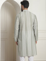 MEN'S COTTON SILK PRINTED PISTA GREEN LONG KURTA