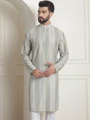 MEN'S COTTON SILK PRINTED PISTA GREEN LONG KURTA