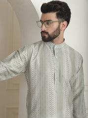 MEN'S COTTON SILK PRINTED PISTA GREEN LONG KURTA