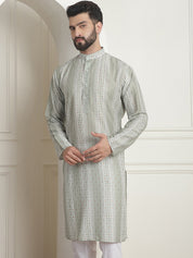 MEN'S COTTON SILK PRINTED PISTA GREEN LONG KURTA