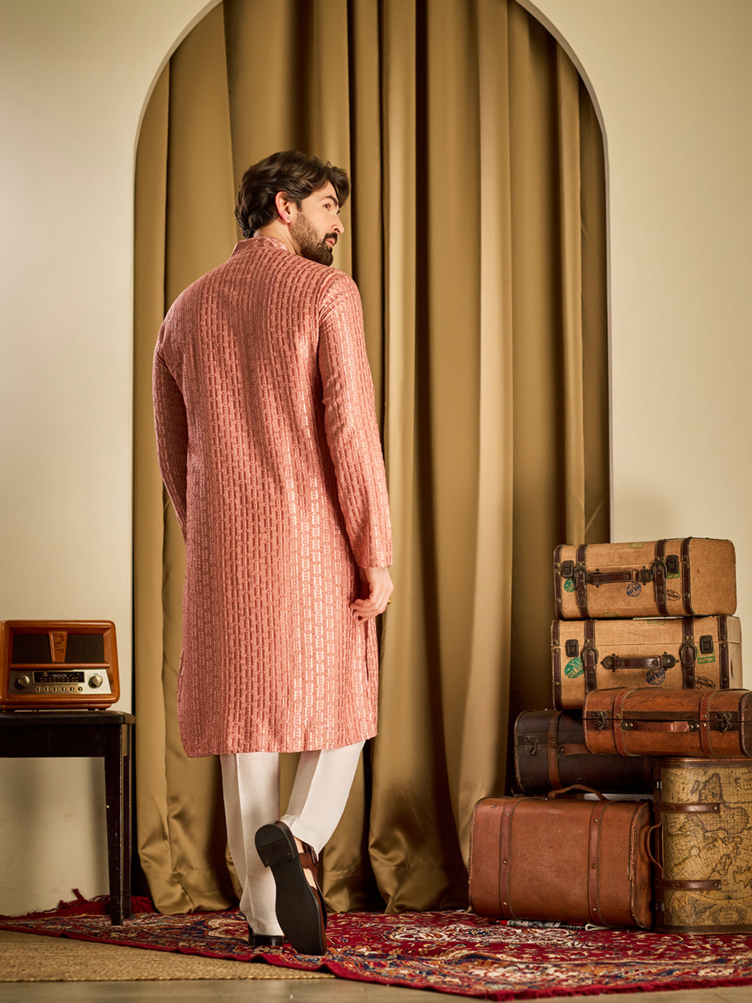 Men's Cotton Rayon Shiny Thread Sequinned Coral Only Long Kurta