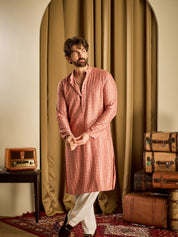 Men's Cotton Rayon Shiny Thread Sequinned Coral Only Long Kurta