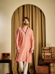 Men's Cotton Rayon Shiny Thread Sequinned Coral Only Long Kurta