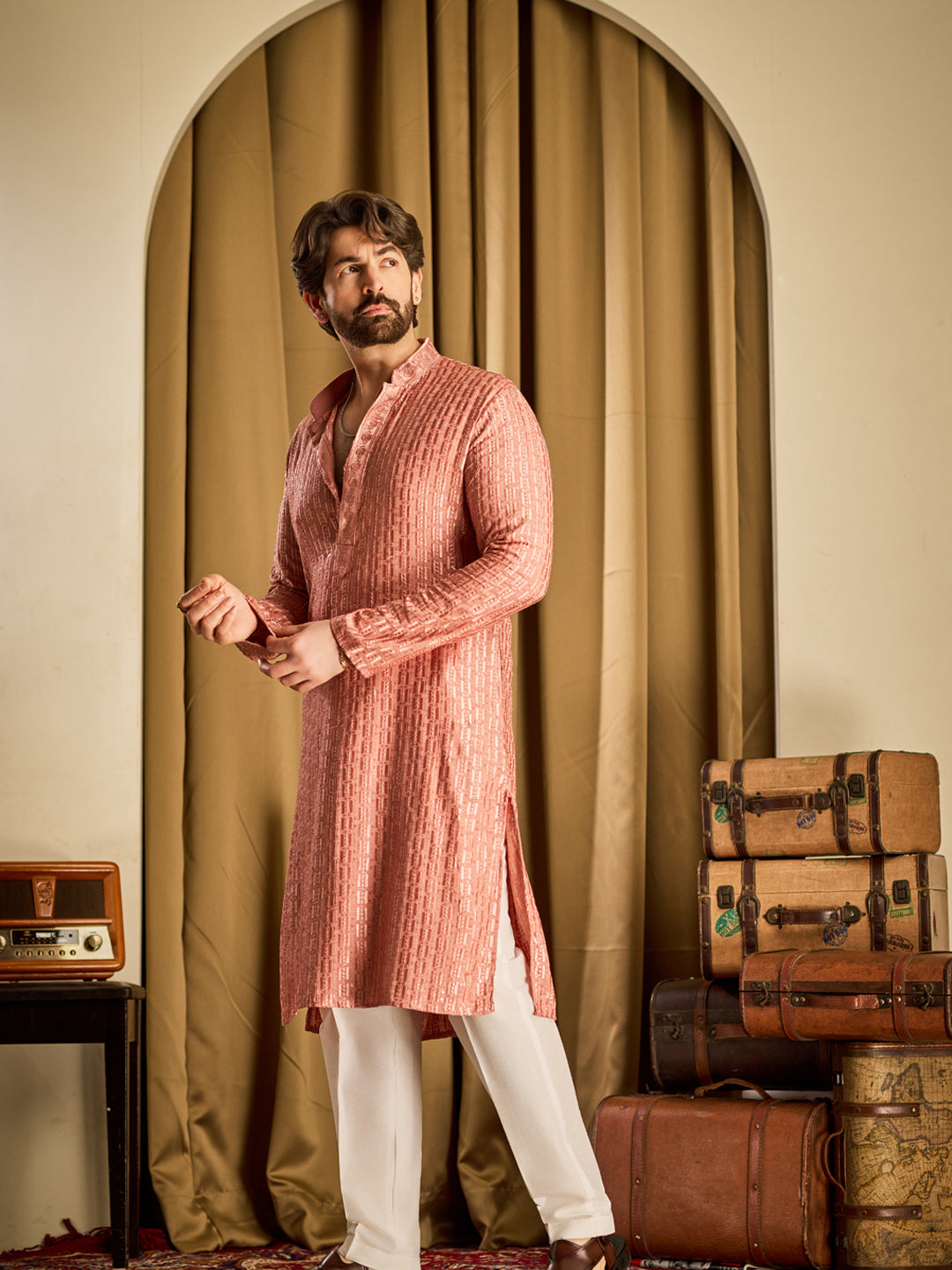Men's Cotton Rayon Shiny Thread Sequinned Coral Kurta With White Pyjama