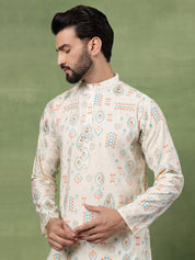 Men’s Cotton Cream Kurta with Traditional Foil Print Motifs