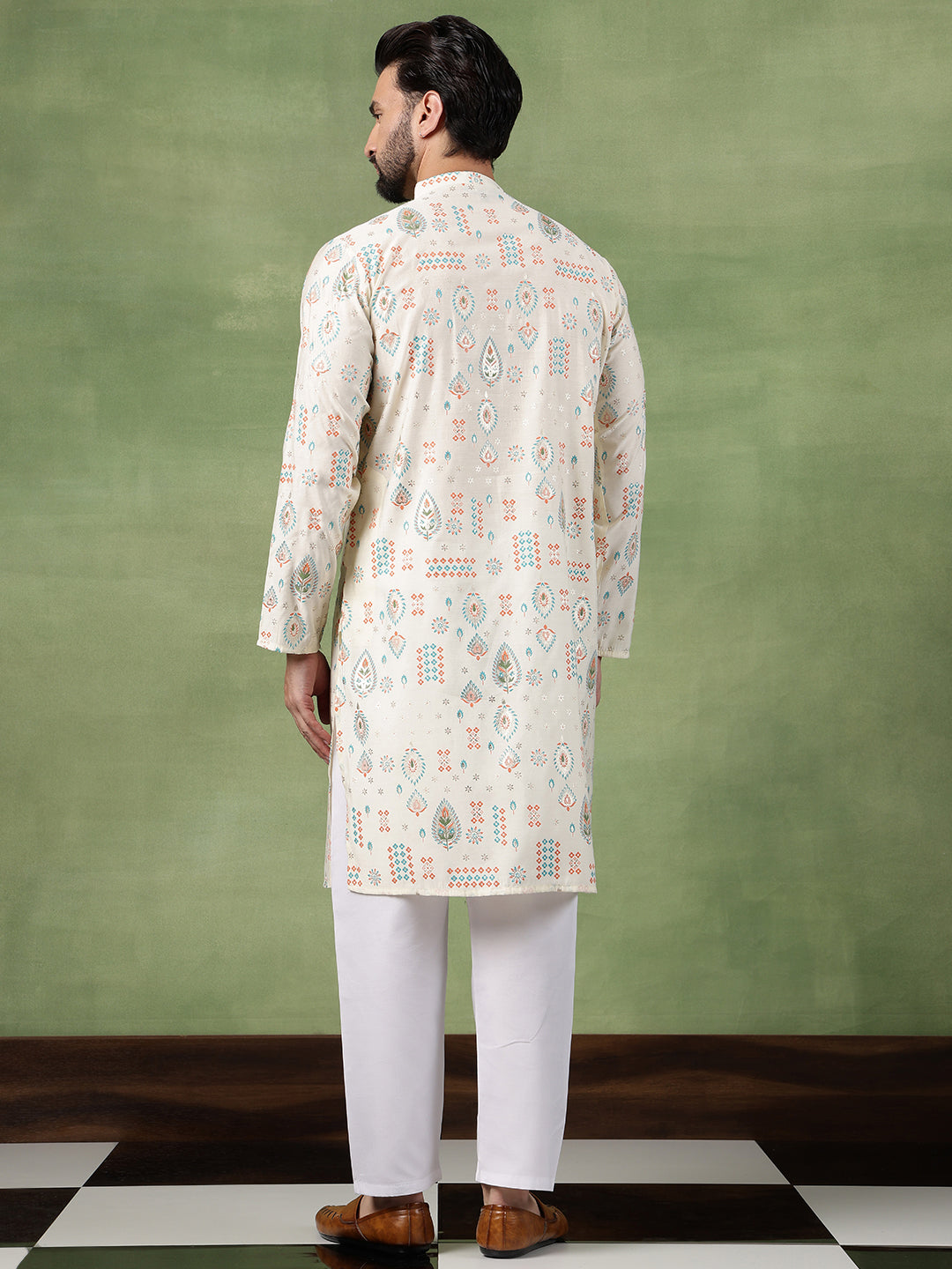 Men’s Cotton Cream Kurta with Traditional Foil Print Motifs