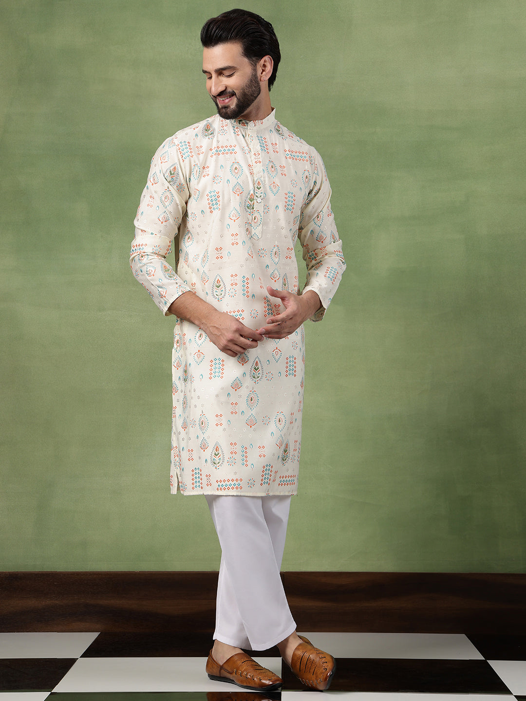 Men’s Cotton Cream Kurta with Traditional Foil Print Motifs
