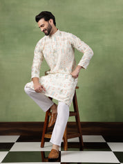 Men’s Cotton Traditional Foil Print Motifs Cream Kurta With Pyjama
