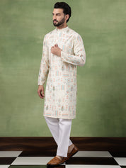 Men’s Cotton Traditional Foil Print Motifs Cream Kurta With Pyjama