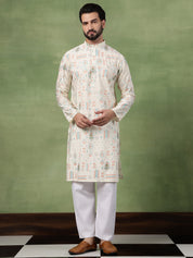 Men’s Cotton Traditional Foil Print Motifs Cream Kurta With Pyjama