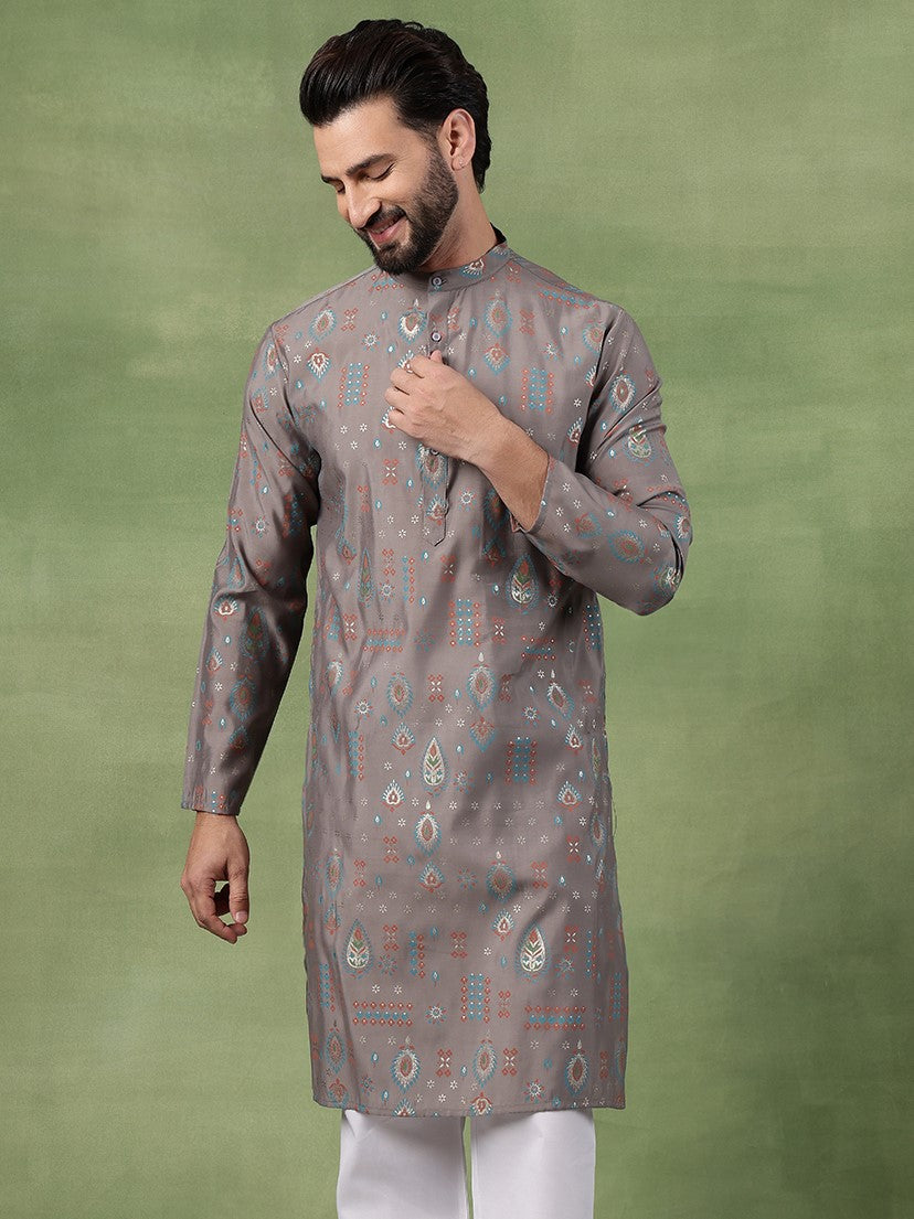 Men’s Cotton Grey Kurta with Traditional Foil Print Motifs
