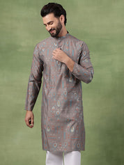 Men’s Cotton Grey Kurta with Traditional Foil Print Motifs