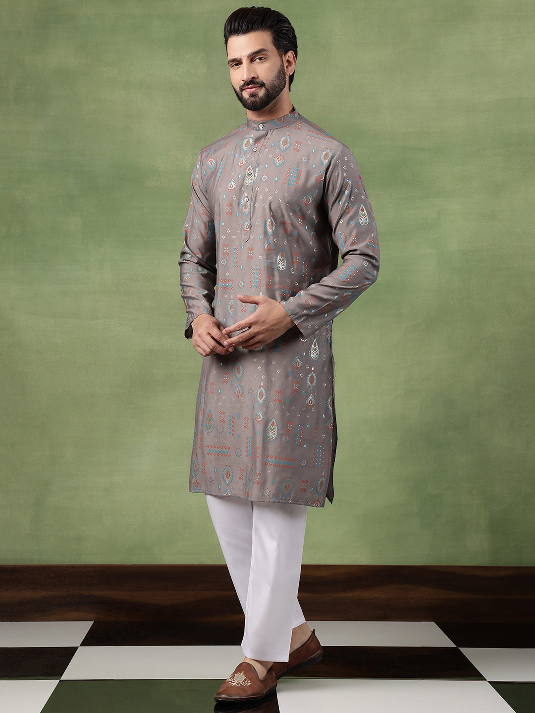 Men’s Cotton Grey Kurta with Traditional Foil Print Motifs