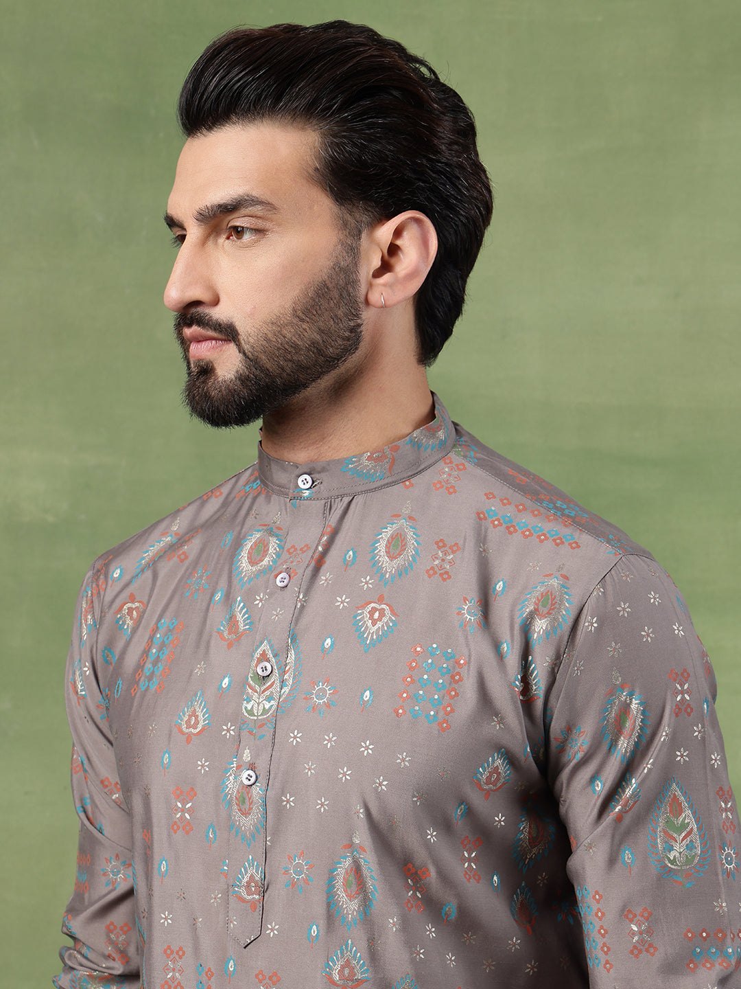 Men’s Cotton Grey Kurta with Traditional Foil Print Motifs
