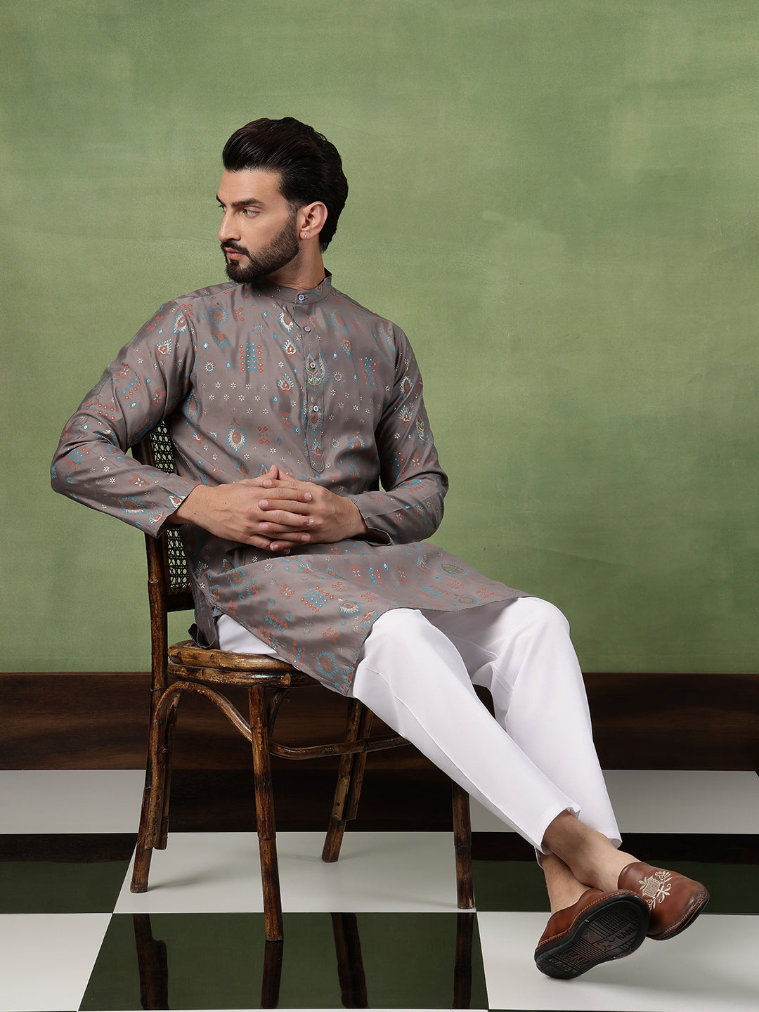 Men’s Cotton Grey Kurta with Traditional Foil Print Motifs