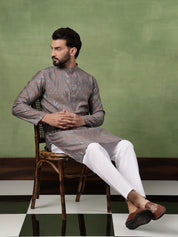 Men’s Cotton Grey Kurta with Traditional Foil Print Motifs