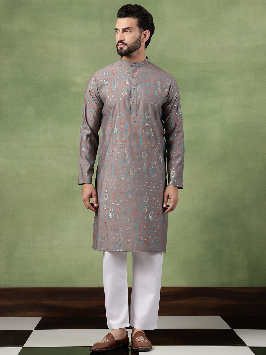 Men’s Cotton Grey Kurta with Traditional Foil Print Motifs