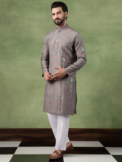 Men’s Cotton Traditional Foil Print Motifs Grey Kurta With Pyjama