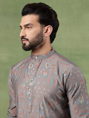 Men’s Cotton Traditional Foil Print Motifs Grey Kurta With Pyjama