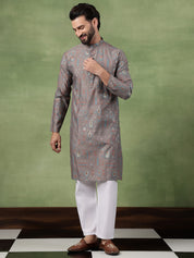 Men’s Cotton Traditional Foil Print Motifs Grey Kurta With Pyjama