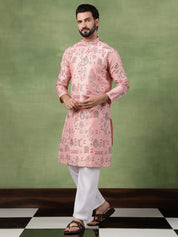 Men’s Cotton Pink Kurta with Traditional Foil Print Motifs