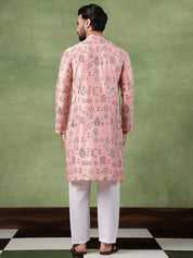 Men’s Cotton Pink Kurta with Traditional Foil Print Motifs