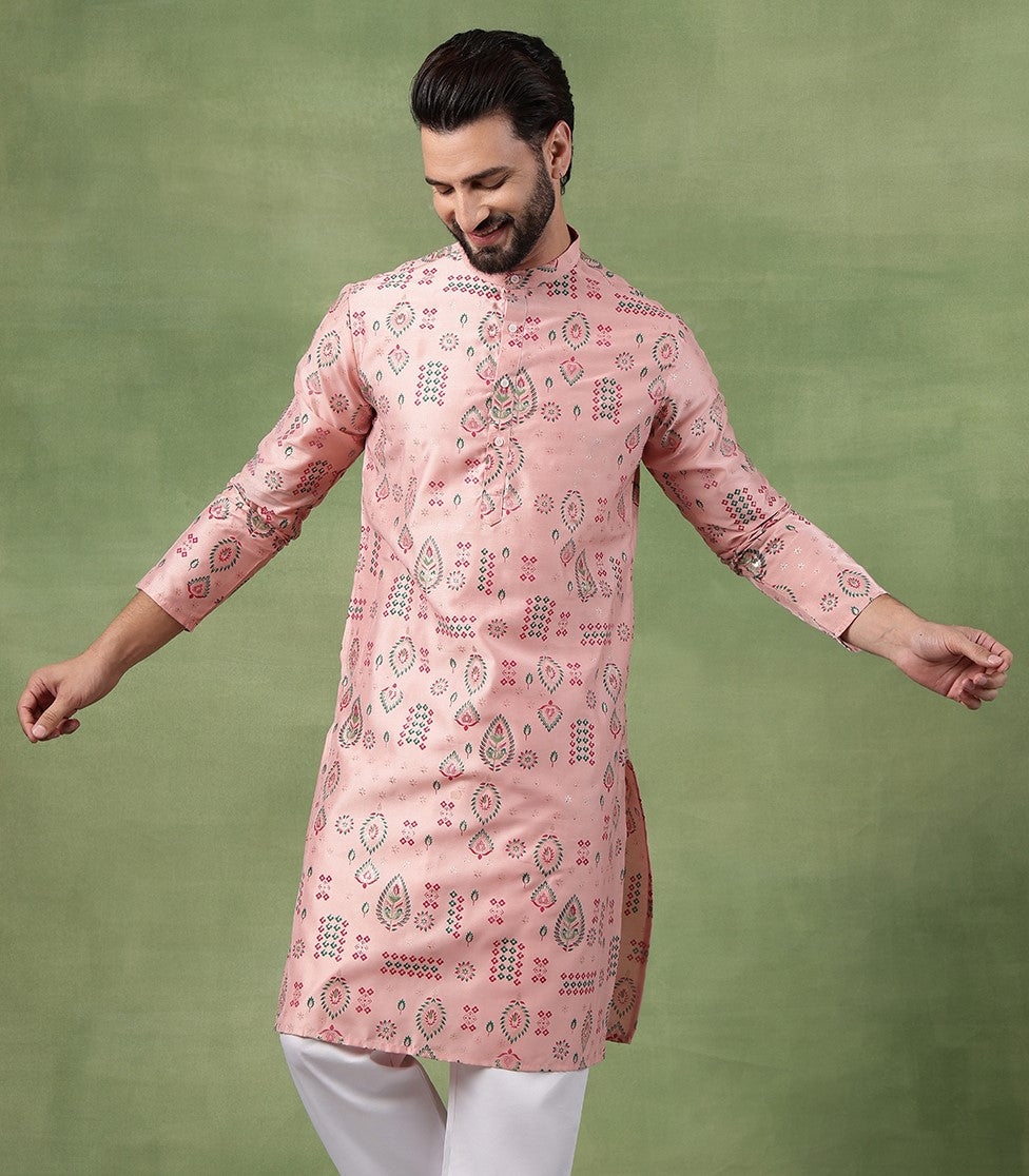 Men’s Cotton Pink Kurta with Traditional Foil Print Motifs