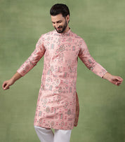 Men’s Cotton Pink Kurta with Traditional Foil Print Motifs