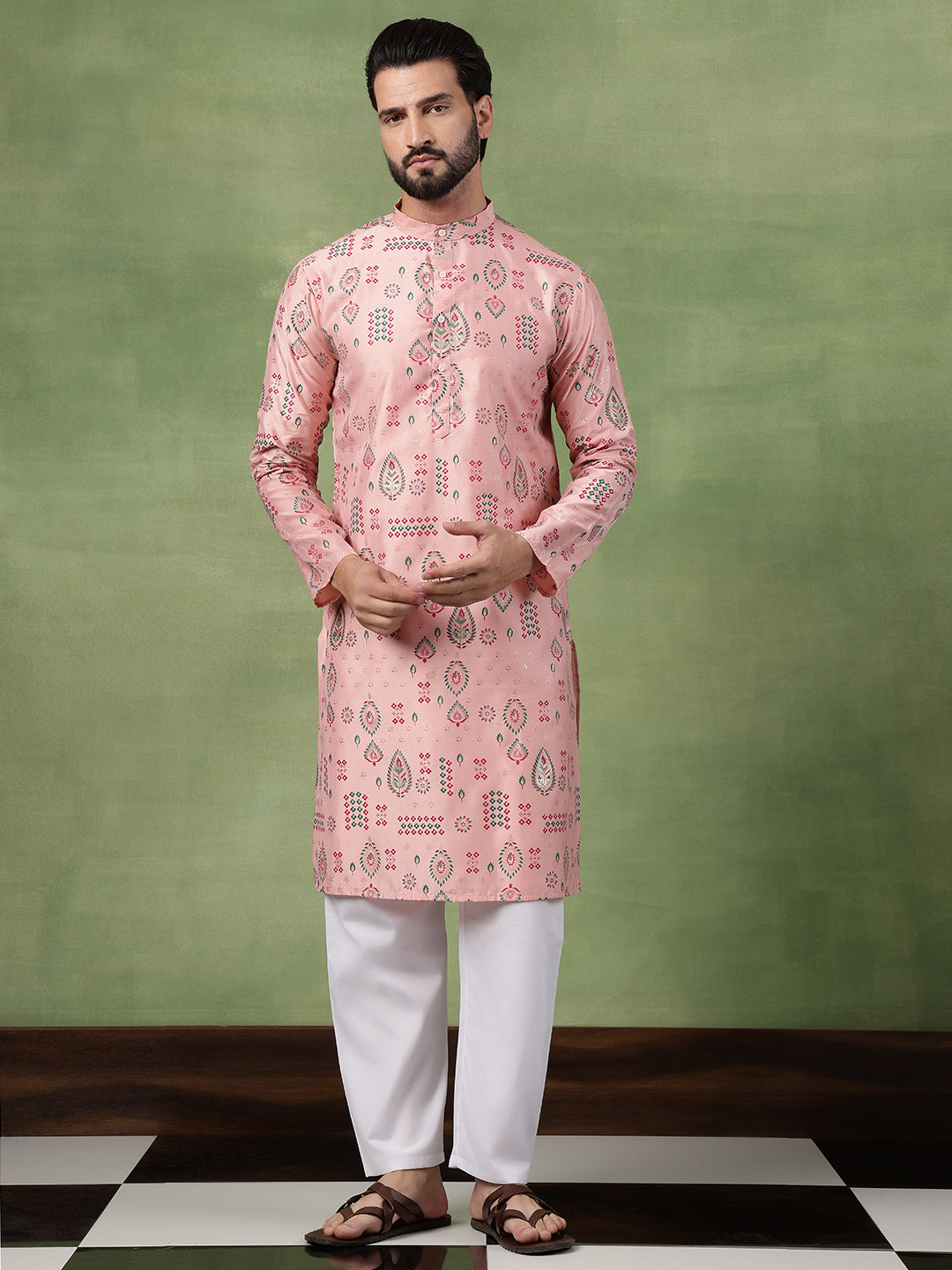 Men’s Cotton Pink Kurta with Traditional Foil Print Motifs