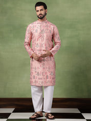 Men’s Cotton Pink Kurta with Traditional Foil Print Motifs