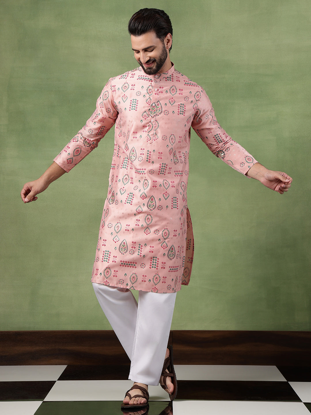 Men’s Cotton Traditional Foil Print Motifs Pink Kurta With Pyjama