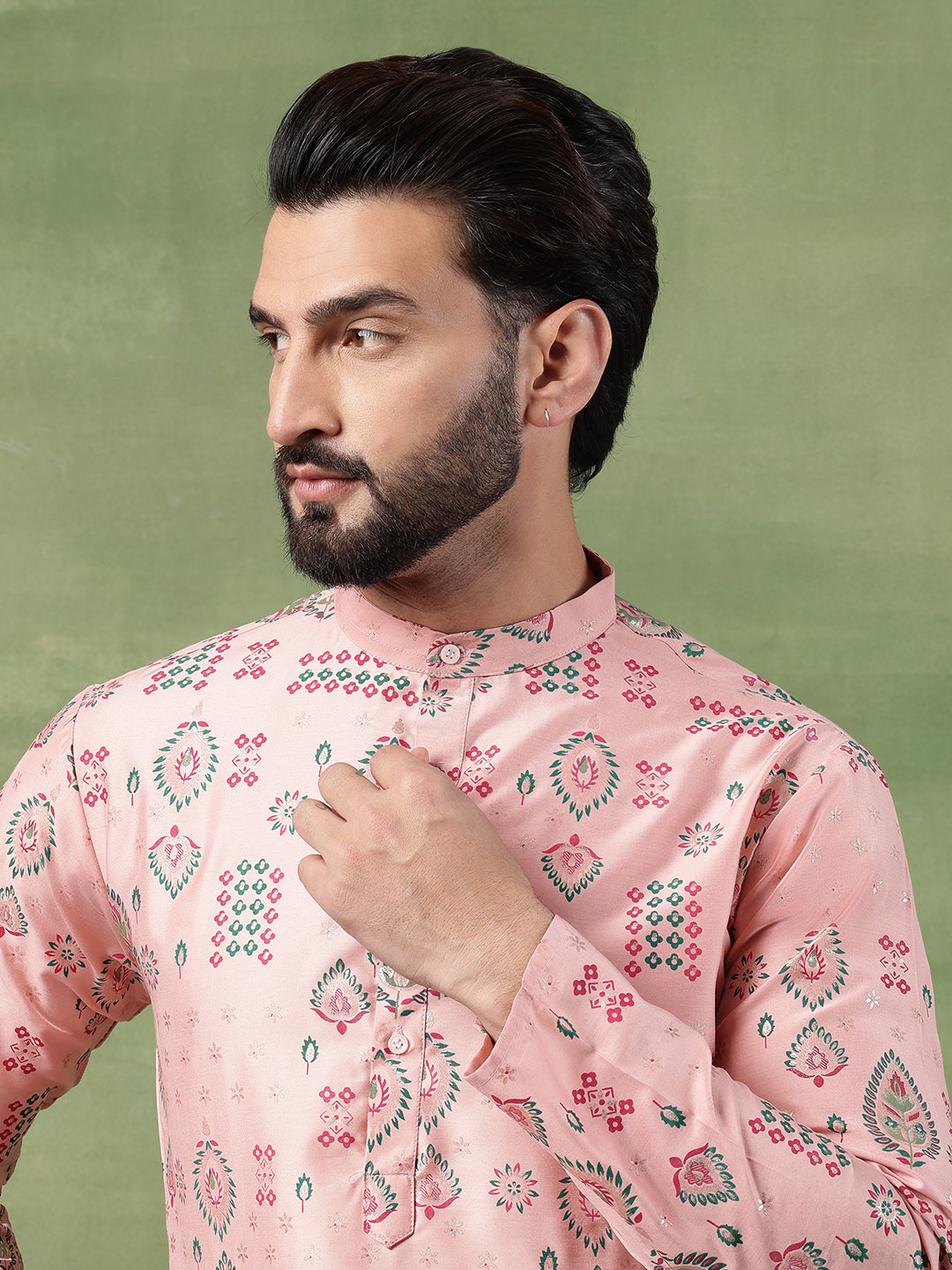 Men’s Cotton Traditional Foil Print Motifs Pink Kurta With Pyjama
